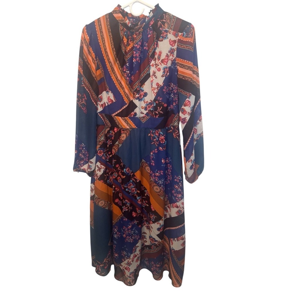 Julia Jordan Patchwork Scarf Print Mock Neck Long Sleeve Midi Dress 10 Boho